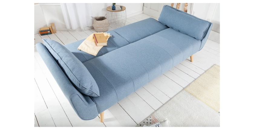 Canapé droit convertible DANNA bleu en mode lit vu de côté