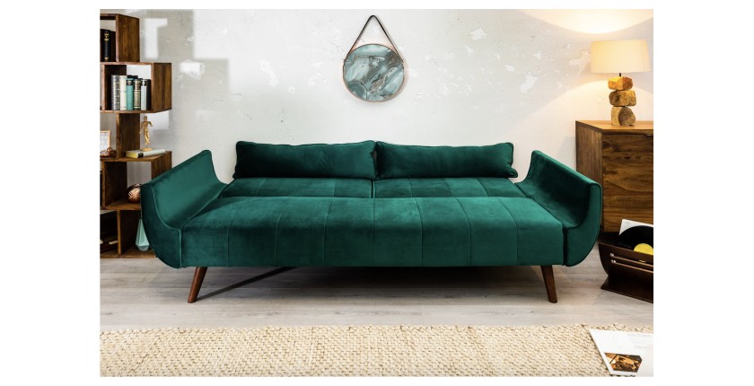 Canapé droit convertible DANNA vert émeraude en mode lit