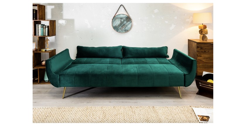 Canapé droit convertible DANNA vert émeraude avec pieds en métal en mode lit