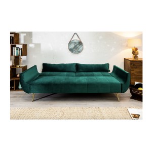 Canapé droit convertible DANNA vert émeraude avec pieds en métal en mode lit