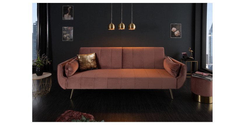 Canapé droit convertible DANNA rose poudré mis en situation