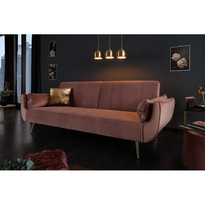 Canapé recto DANNA rosa empolvado – Sofá escandinavo convertible en terciopelo con patas de metal