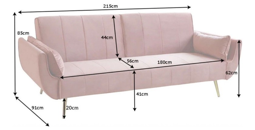 Dimensions du canapé droit convertible DANNA rose poudré