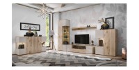 Ensemble salon complet ERINA – Buffet bas, Buffet haut, Vitrine, Meuble TV, Étagère murale – Chêne clair et beige
