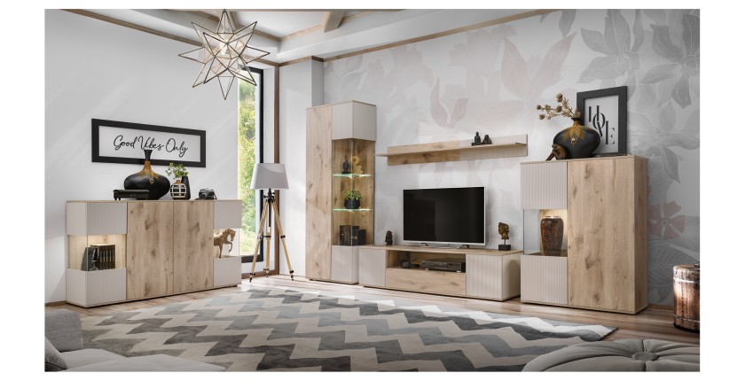 Ensemble salon complet ERINA – Buffet bas, Buffet haut, Vitrine, Meuble TV, Étagère murale – Chêne clair et beige