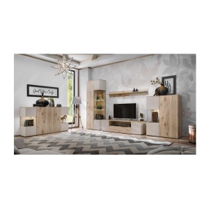Ensemble salon complet ERINA – Buffet bas, Buffet haut, Vitrine, Meuble TV, Étagère murale – Chêne clair et beige
