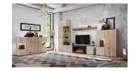 Ensemble salon complet ERINA – Buffet bas, Buffet haut, Vitrine, Étagère, Meuble TV cheminée bio-éthanol – Chêne clair et beige