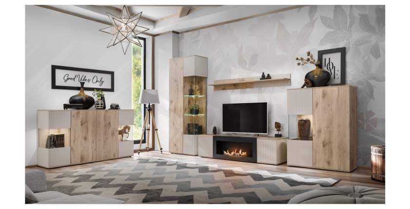 Ensemble salon complet ERINA – Buffet bas, Buffet haut, Vitrine, Étagère, Meuble TV cheminée bio-éthanol – Chêne clair et beige