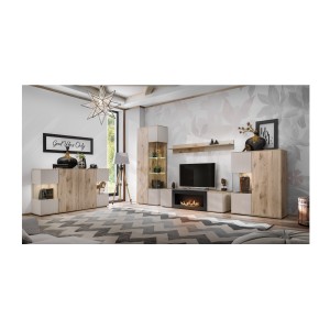 Ensemble salon complet ERINA – Buffet bas, Buffet haut, Vitrine, Étagère, Meuble TV cheminée bio-éthanol – Chêne clair et beige