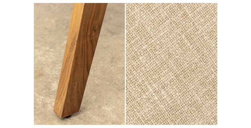 Zoom sur les détails de la chaise ARKAYA en bois massif d'acacia et tissu blanc
