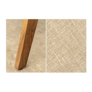 Zoom sur les détails de la chaise ARKAYA en bois massif d'acacia et tissu blanc