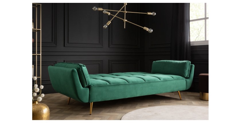 Canapé droit convertible NEVISI vert émeraude en mode lit