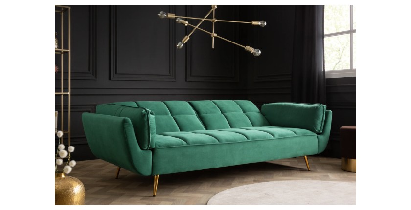 Canapé droit convertible NEVISI vert émeraude se dépliant en lit