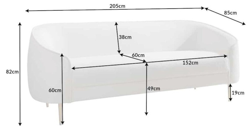 Dimensions du canapé droit RINI blanc en tissu bouclette