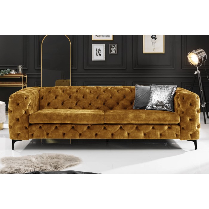 Sofa recht VELENA mosterdgeel - Barokke fluwelen sofa met zwarte metalen poten