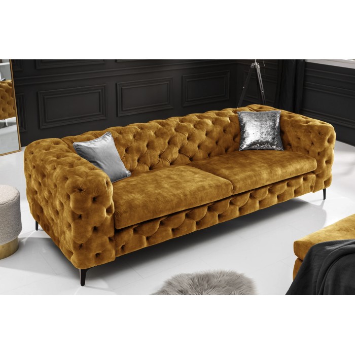 Sofa recht VELENA mosterdgeel - Barokke fluwelen sofa met zwarte metalen poten