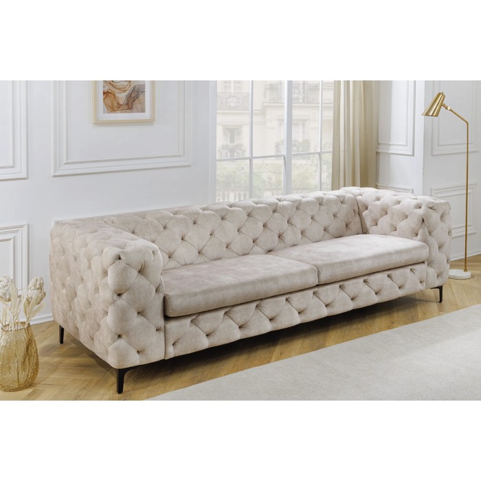 Divano + pouf VELENA champagne – Set barocco in velluto con piedi in metallo nero