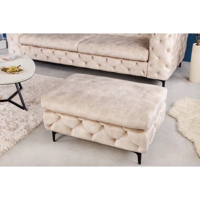 Divano + pouf VELENA champagne – Set barocco in velluto con piedi in metallo nero