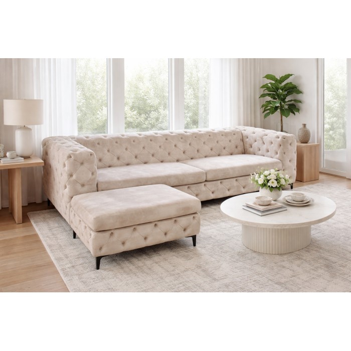 Divano + pouf VELENA champagne – Set barocco in velluto con piedi in metallo nero