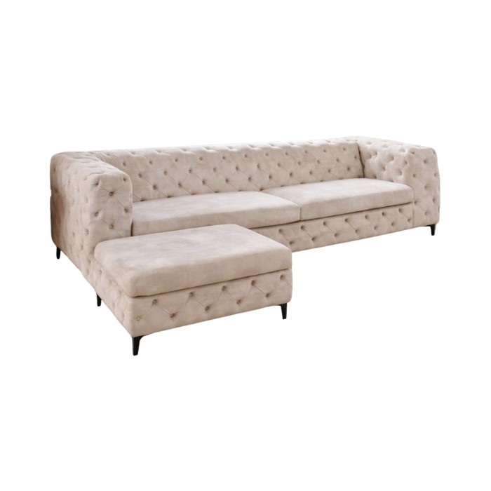 Divano + pouf VELENA champagne – Set barocco in velluto con piedi in metallo nero