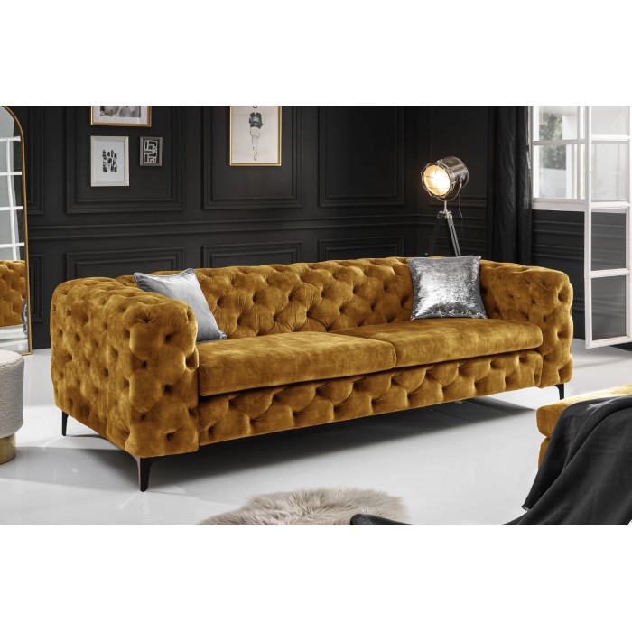 Sofá + otomana VELENA amarillo mostaza – Conjunto barroco de terciopelo con patas de metal negras