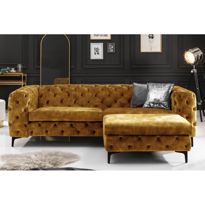 Sofá + otomana VELENA amarillo mostaza – Conjunto barroco de terciopelo con patas de metal negras