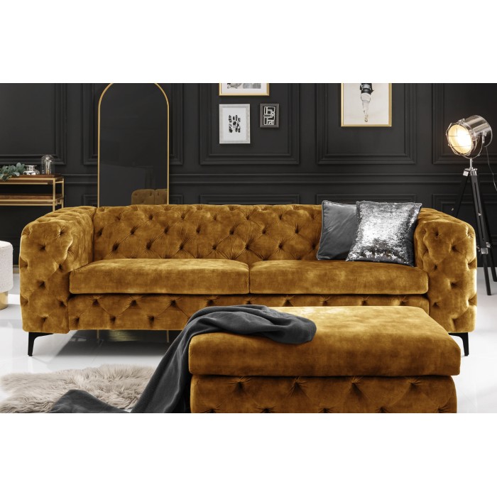 Sofá + otomana VELENA amarillo mostaza – Conjunto barroco de terciopelo con patas de metal negras