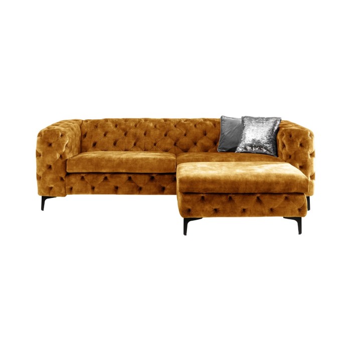Sofá + otomana VELENA amarillo mostaza – Conjunto barroco de terciopelo con patas de metal negras
