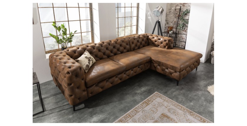 Zoom sur le canapé dans la configuration canapé d'angle + pouf VELENA marron