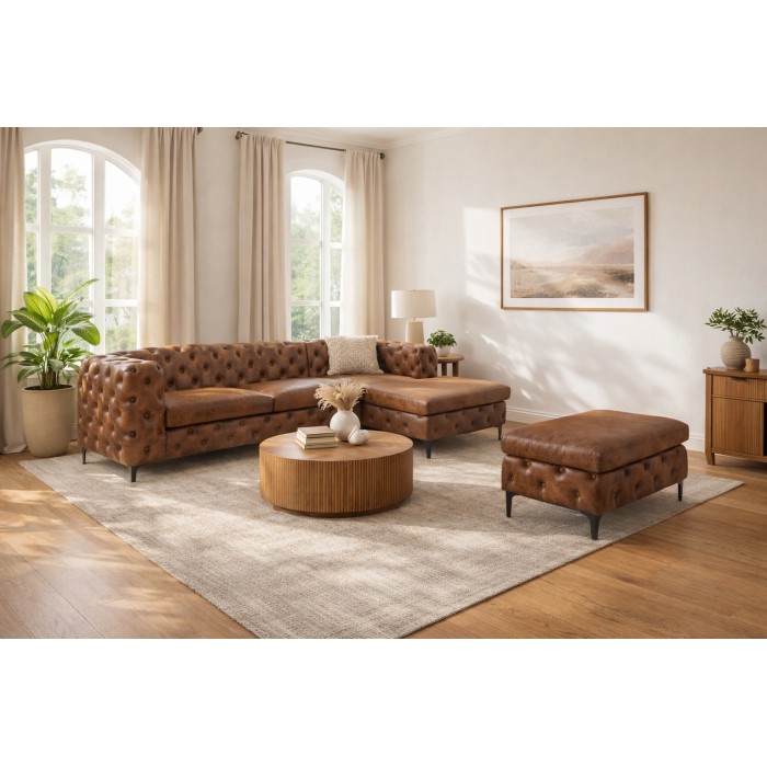 Canapé d'angle + pouf VELENA marron mis en situation