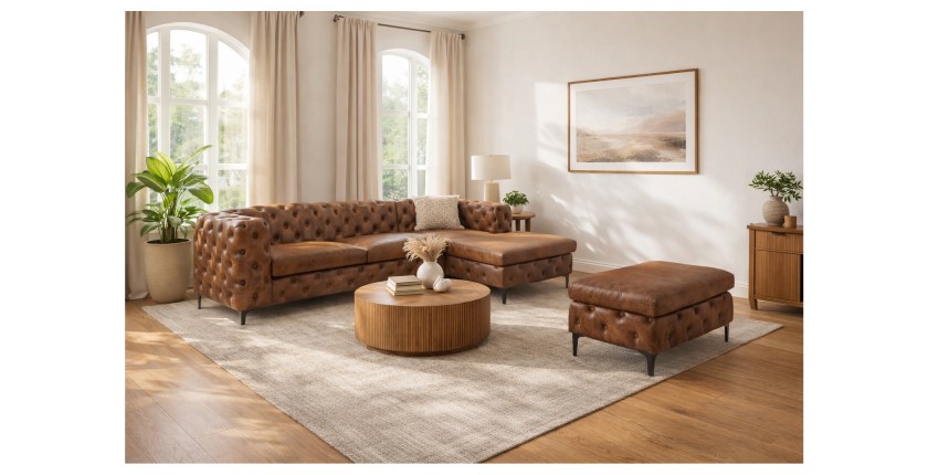 Canapé d'angle + pouf VELENA marron mis en situation