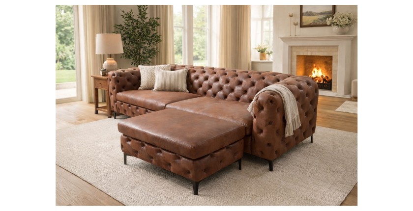 Canapé droit + pouf VELENA marron mis en situation