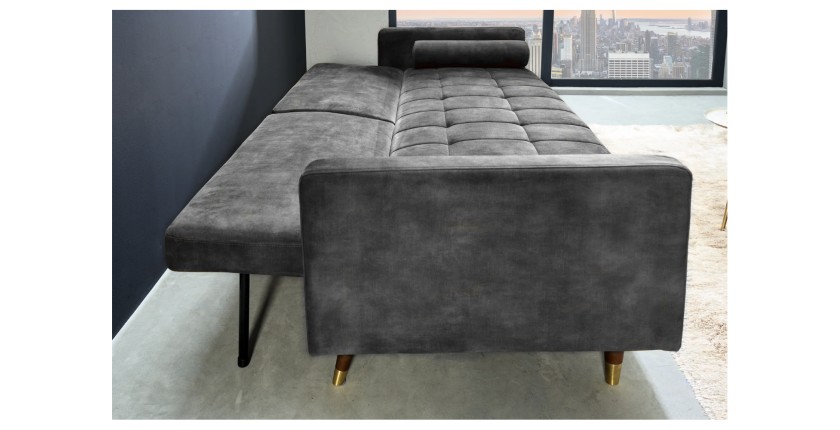 Zoom sur le côté du canapé convertible ATELIA gris en mode lit