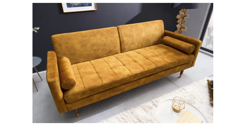 Canapé convertible ATELIA jaune moutarde mis en situation