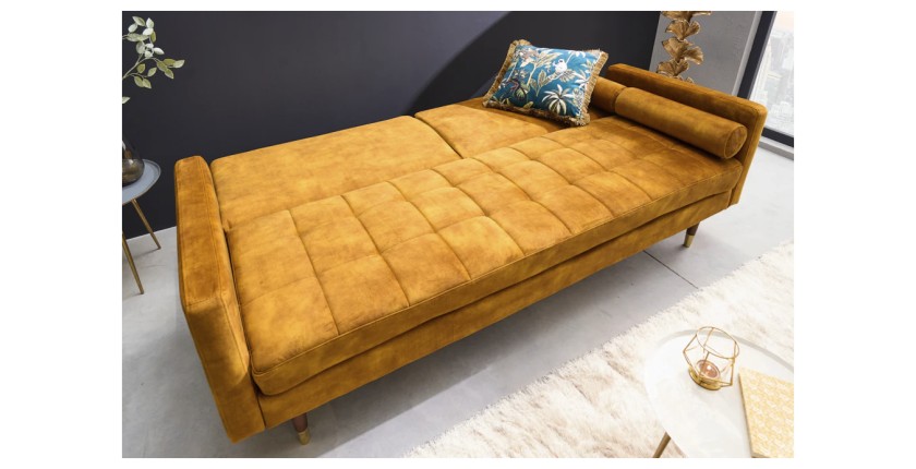 Canapé convertible ATELIA jaune moutarde en mode lit