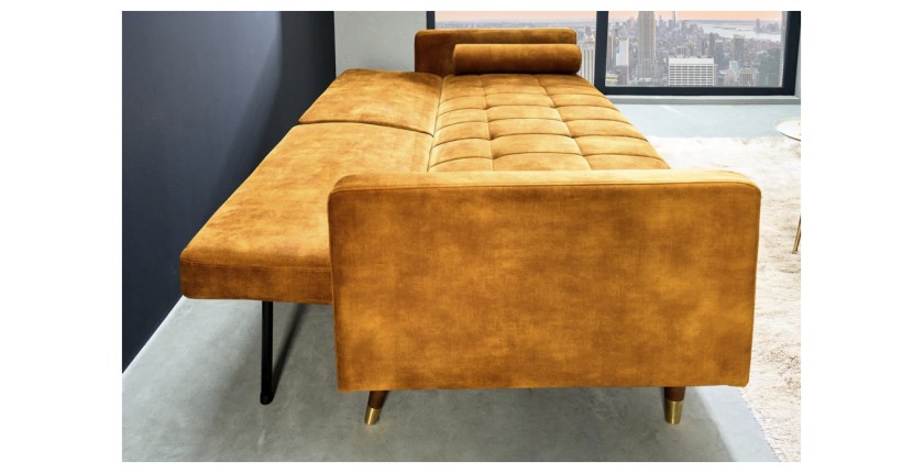 Canapé convertible ATELIA jaune moutarde en mode lit vu de côté