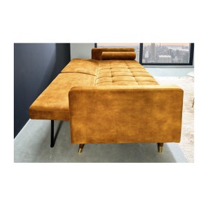 Canapé convertible ATELIA jaune moutarde en mode lit vu de côté