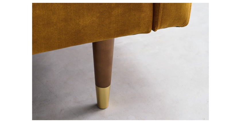 Zoom sur les détails des pieds du canapé convertible ATELIA jaune moutarde