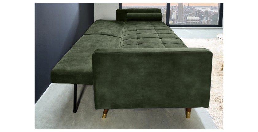 Canapé convertible ATELIA vert foncé en mode lit vu de côté
