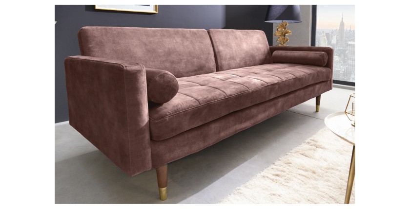 Canapé droit ATELIA rose poudré convertible – Canapé-lit design en velours avec structure en bois massif