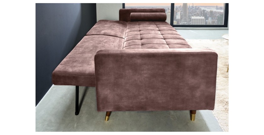 Canapé convertible ATELIA rose en mode lit vu de côté