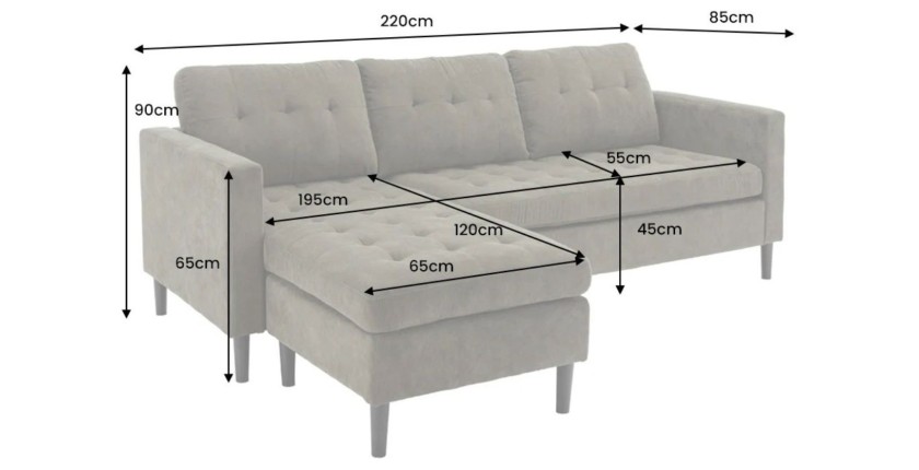 Dimensions du canapé avec angle réversible CITY gris clair