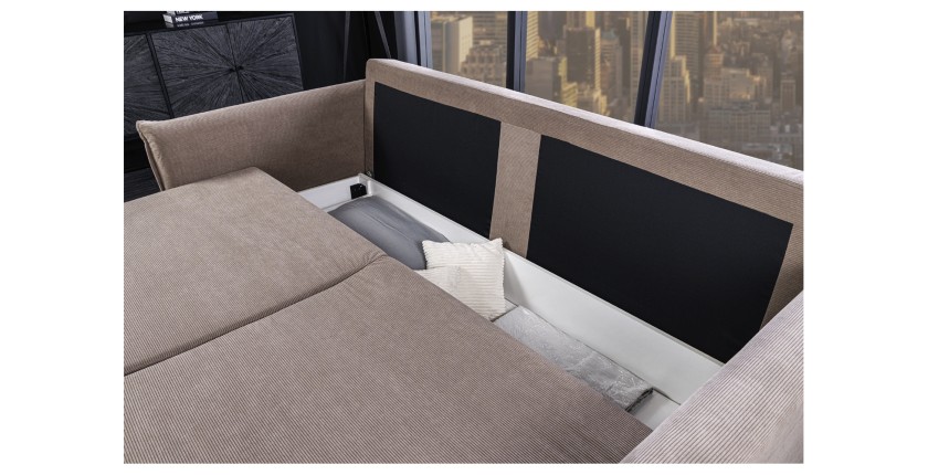 Zoom sur le coffre du canapé convertible CALDERO coloris taupe