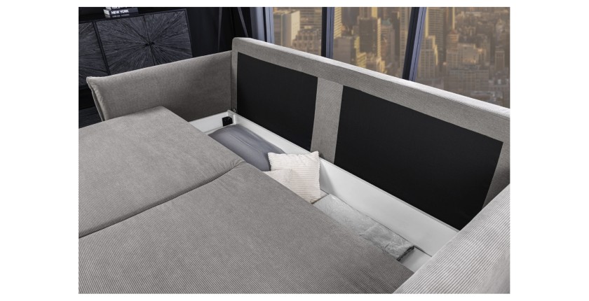 Zoom sur le coffre du canapé convertible CALDERO gris