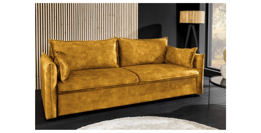 Canapé convertible CALDERO jaune moutarde mis en situation