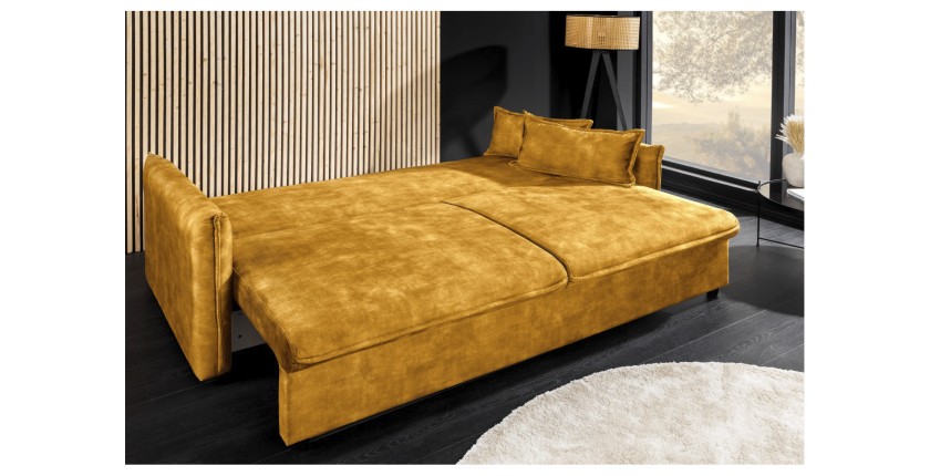 Zoom sur le mode lit du canapé convertible CALDERO jaune moutarde