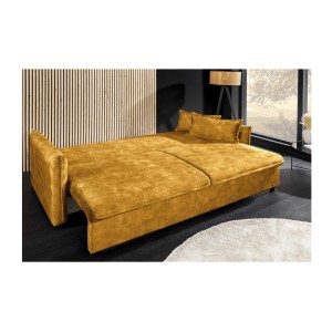 Zoom sur le mode lit du canapé convertible CALDERO jaune moutarde