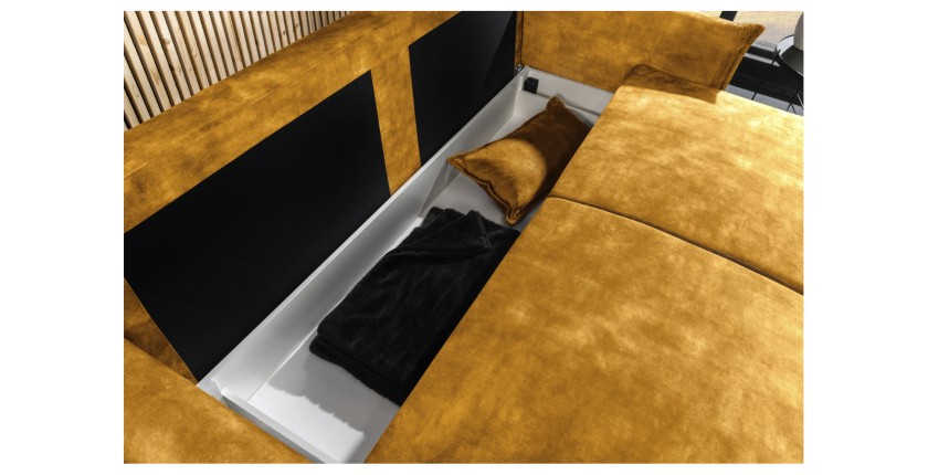 Zoom sur le coffre du canapé convertible CALDERO jaune moutarde