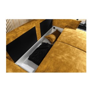 Zoom sur le coffre du canapé convertible CALDERO jaune moutarde