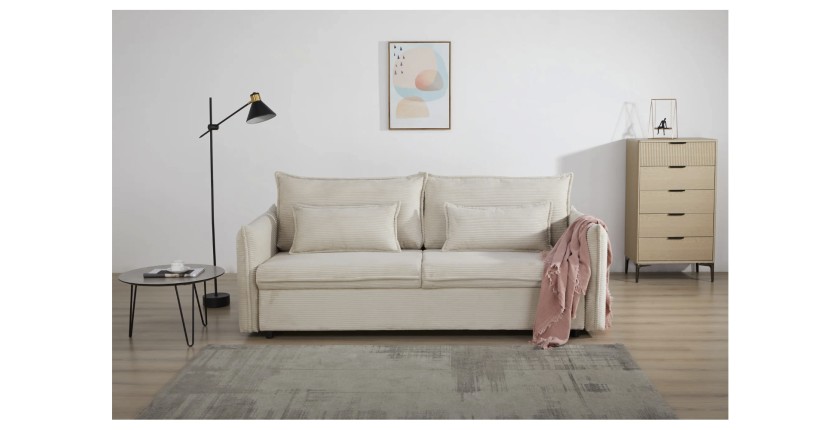 Canapé droit CALDERO beige convertible avec coffre – Canapé-lit en velours côtelé avec rangement intégré